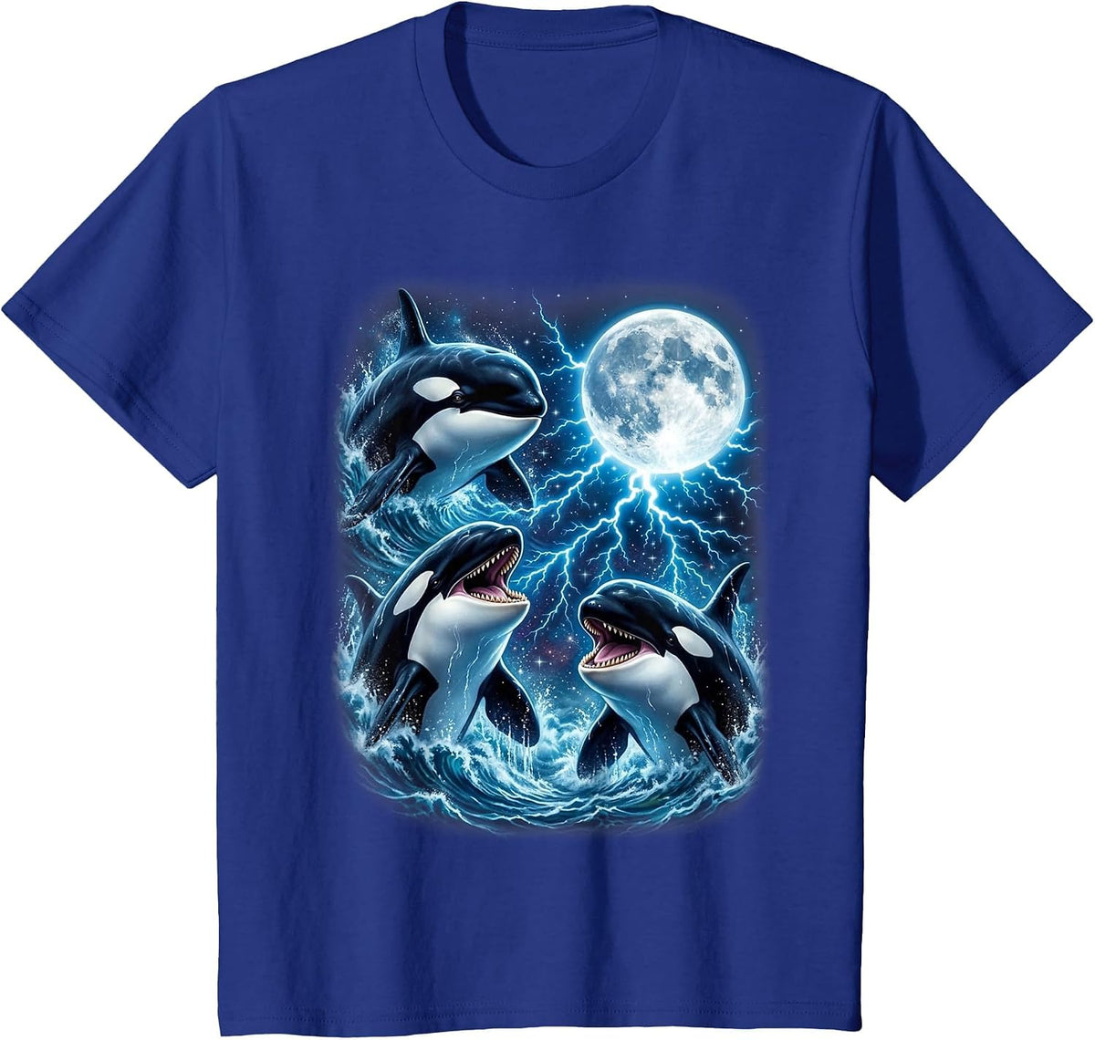 Majestic Three Orca Moon Lightning Sea Life Art T-Shirt - Royal Blue