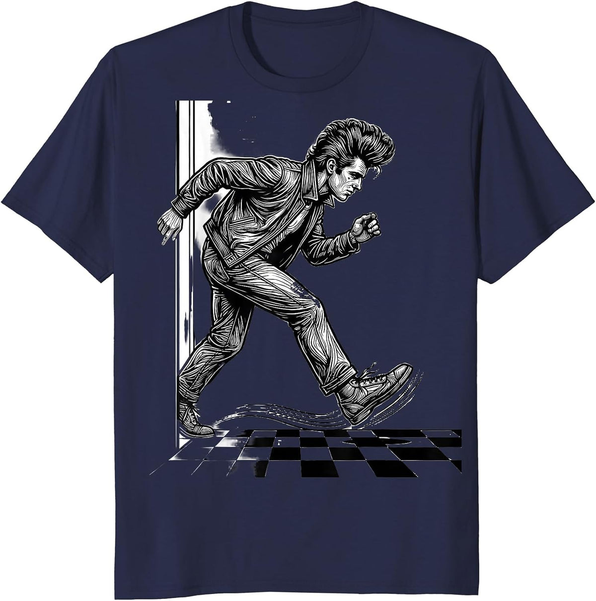Men's Pompadoured Greaser 1950s Sock Hop Retro Rockabilly Party T-Shirt - Navy Blue