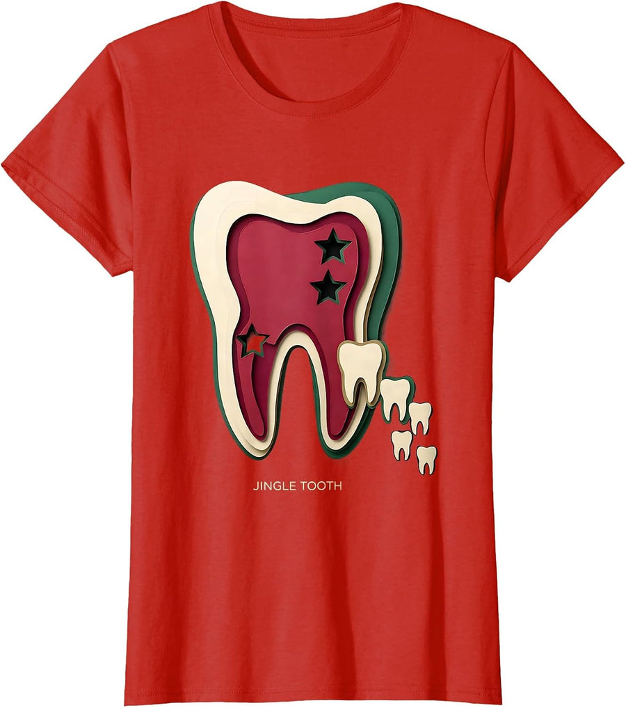 Women's Jingle Tooth Funny Dental Christmas Dentist Dental Hygienist T-Shirt - Red