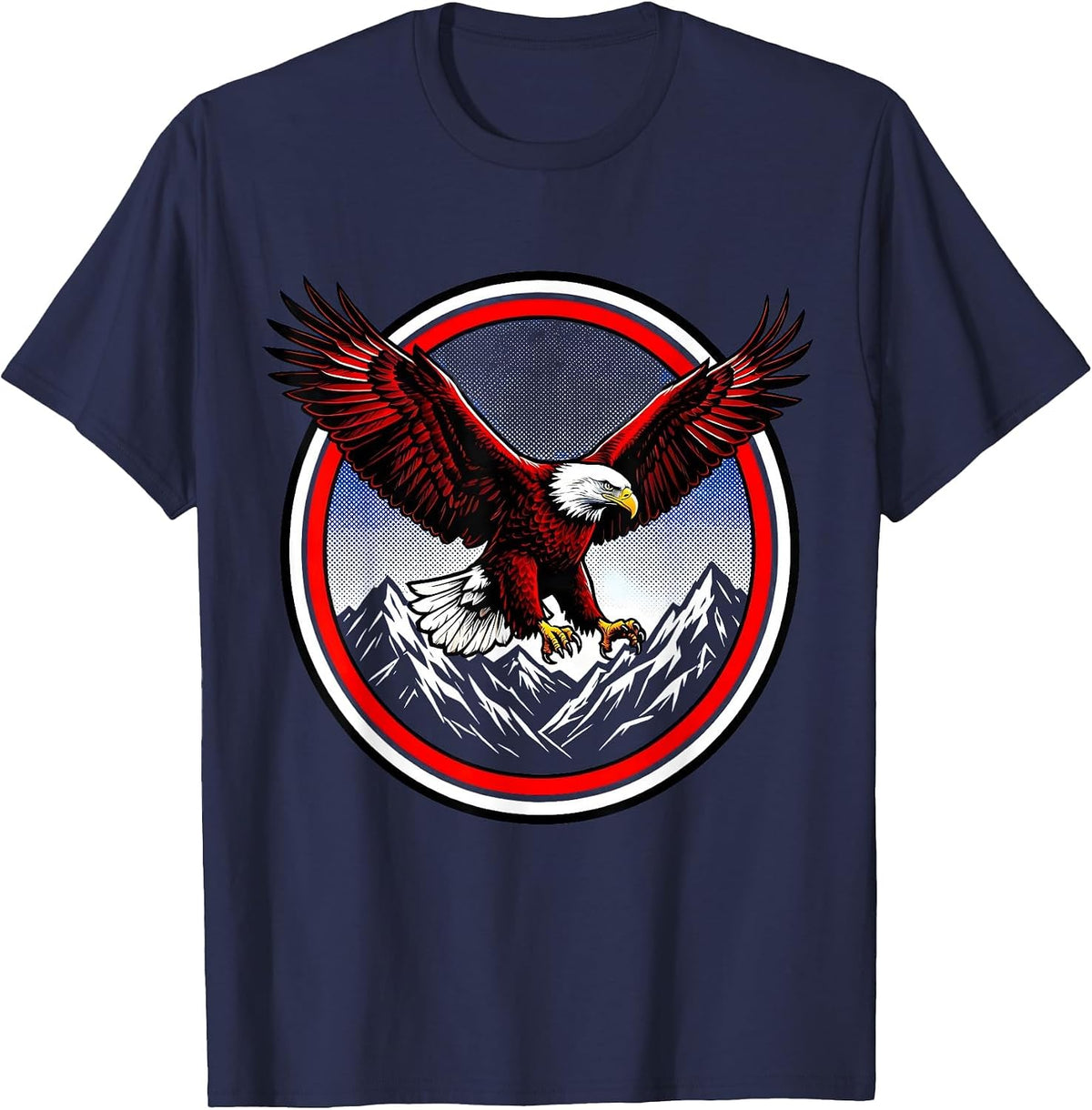 Bald Eagle Soaring Over Mountains Red White Blue T-Shirt - Navy Blue