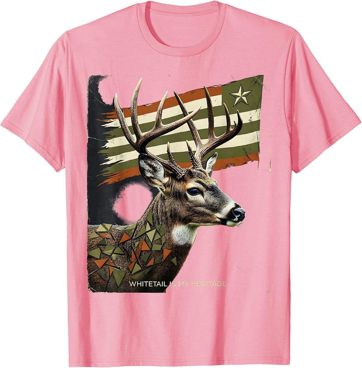 Men's Whitetail Is My Heritage Distressed Camo Deer Hunter Dad T-Shirt - Pink