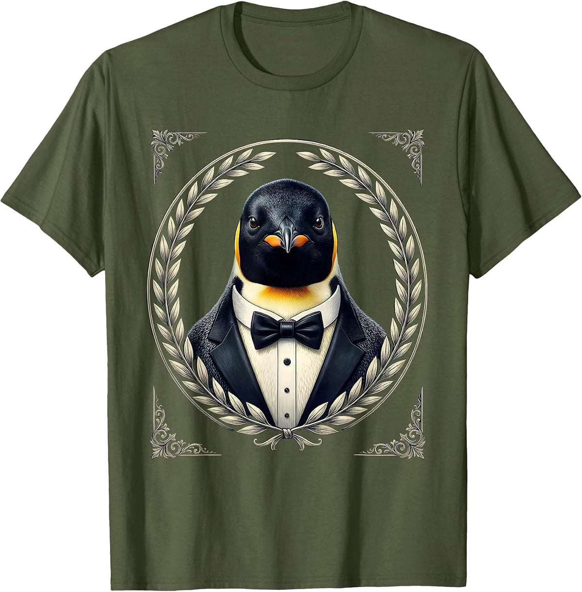 Penguin in Tuxedo Bow Tie Graphic T-Shirt - Olive Green