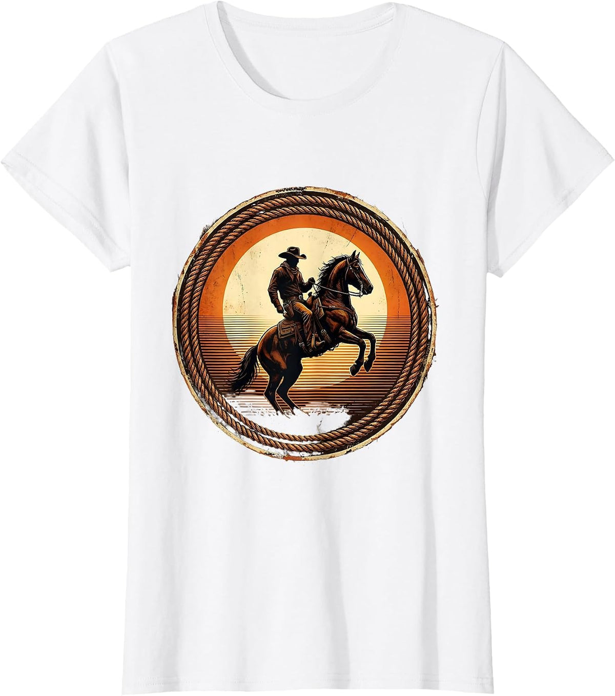 Cowboy Silhouette Riding Horse at Sunset T-Shirt - White
