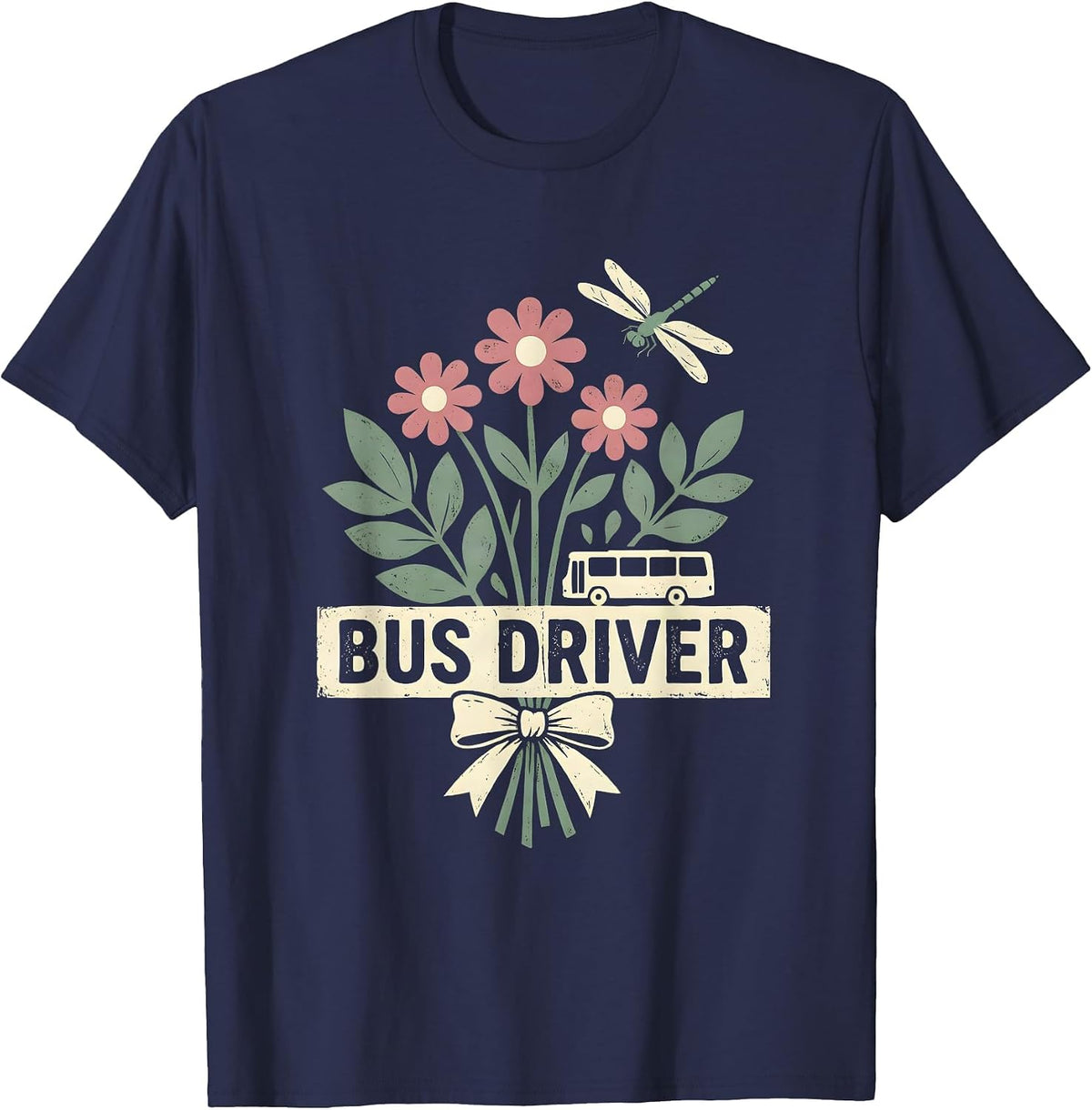 Men's Bus Driver Floral Boho Teacher Gift School Staff T-Shirt - Navy Blue