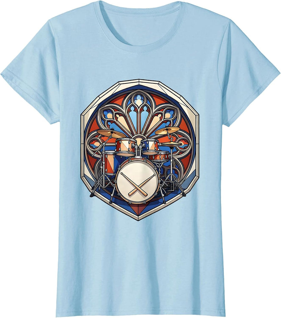 Women's Compact Drum Kit Geometric Church Worship Musician Faith T-Shirt - Baby Blue