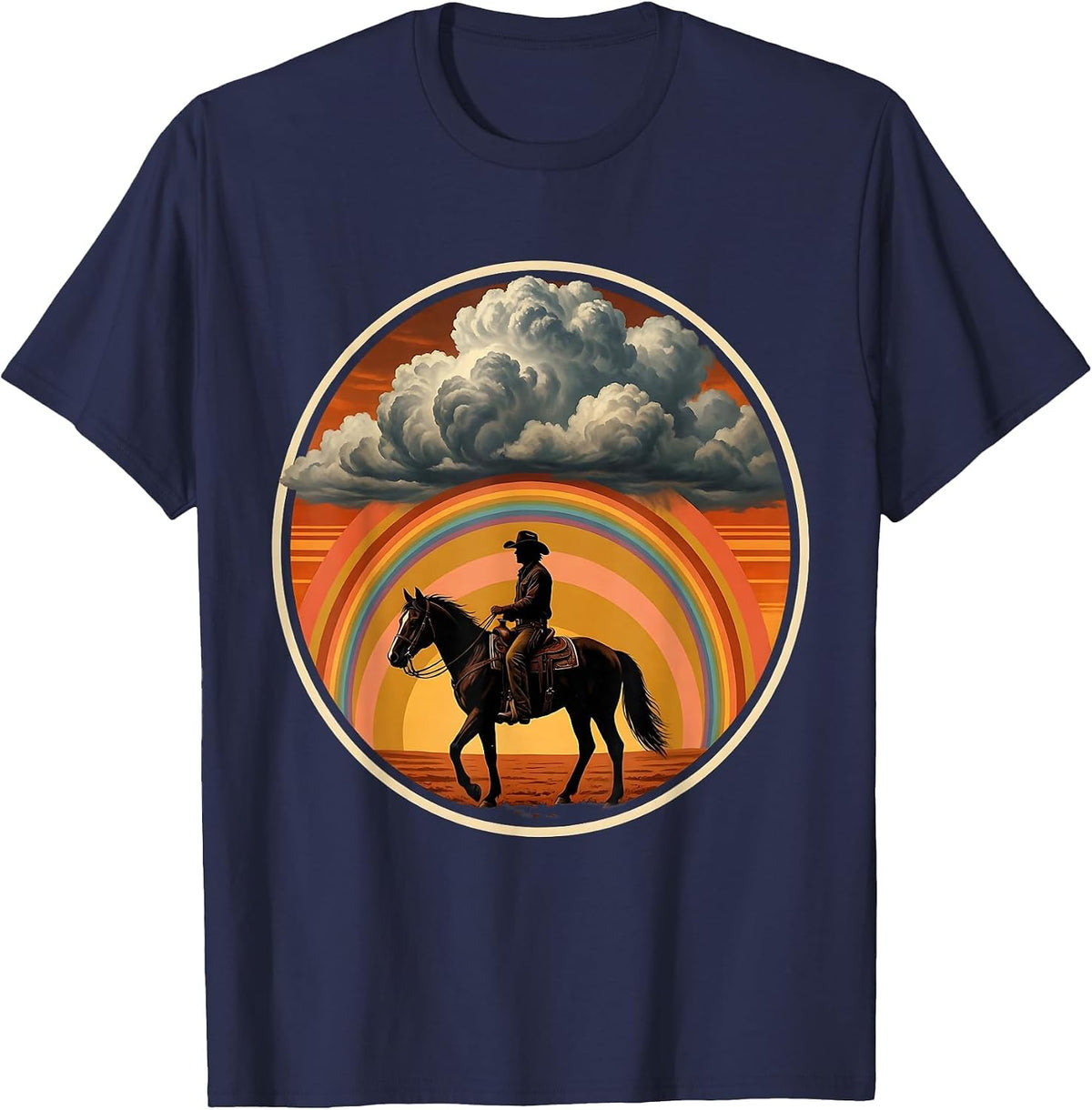 Cowboy Silhouette Riding Into Storm Clouds T-Shirt - Navy Blue