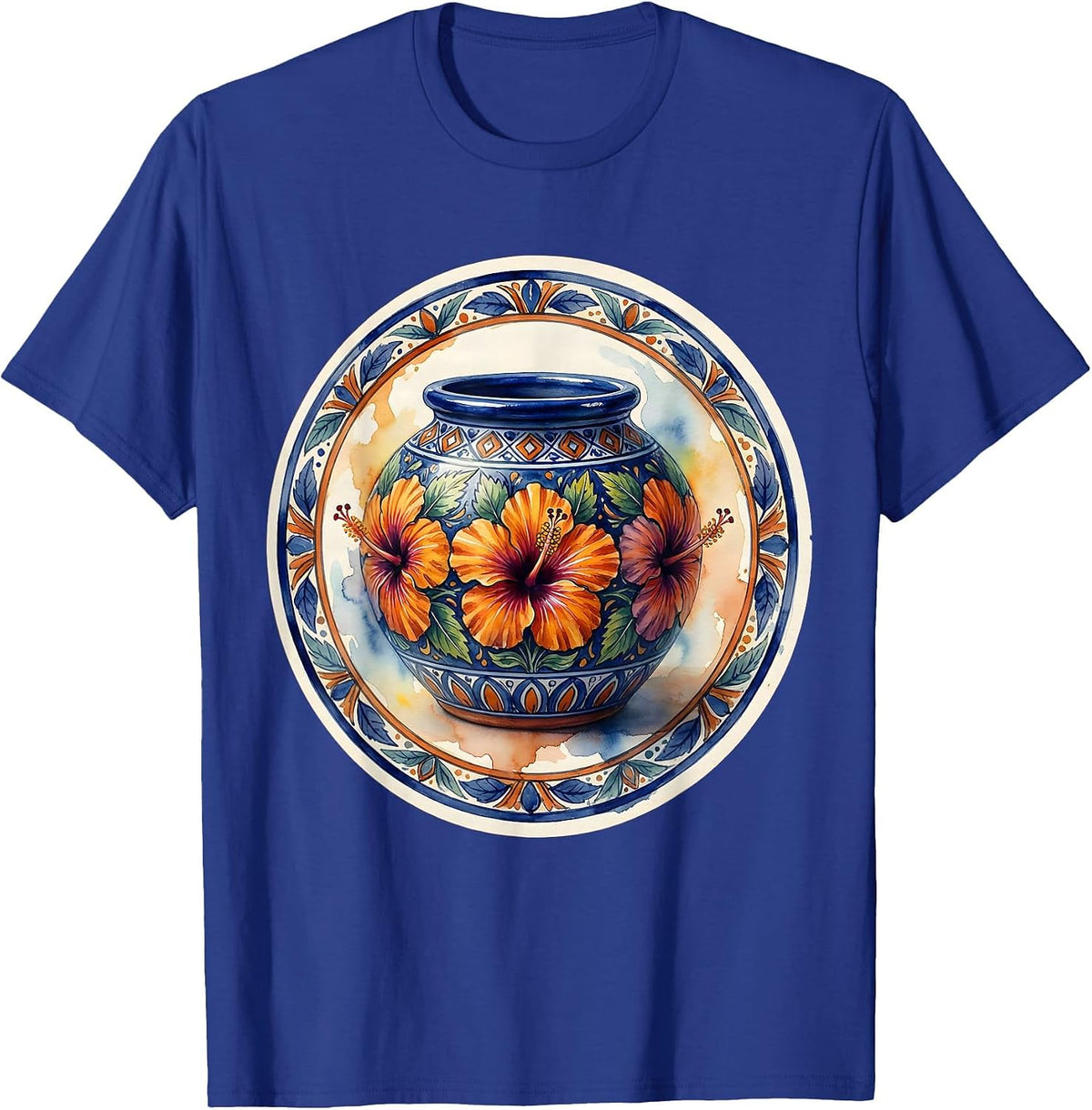 Ornate Talavera Pottery Mexican Floral Art Design T-Shirt - Royal Blue