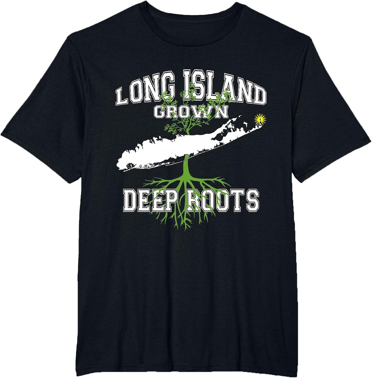 Long Island NY Grown Deep Roots Varsity Letter Style T-Shirt - Black