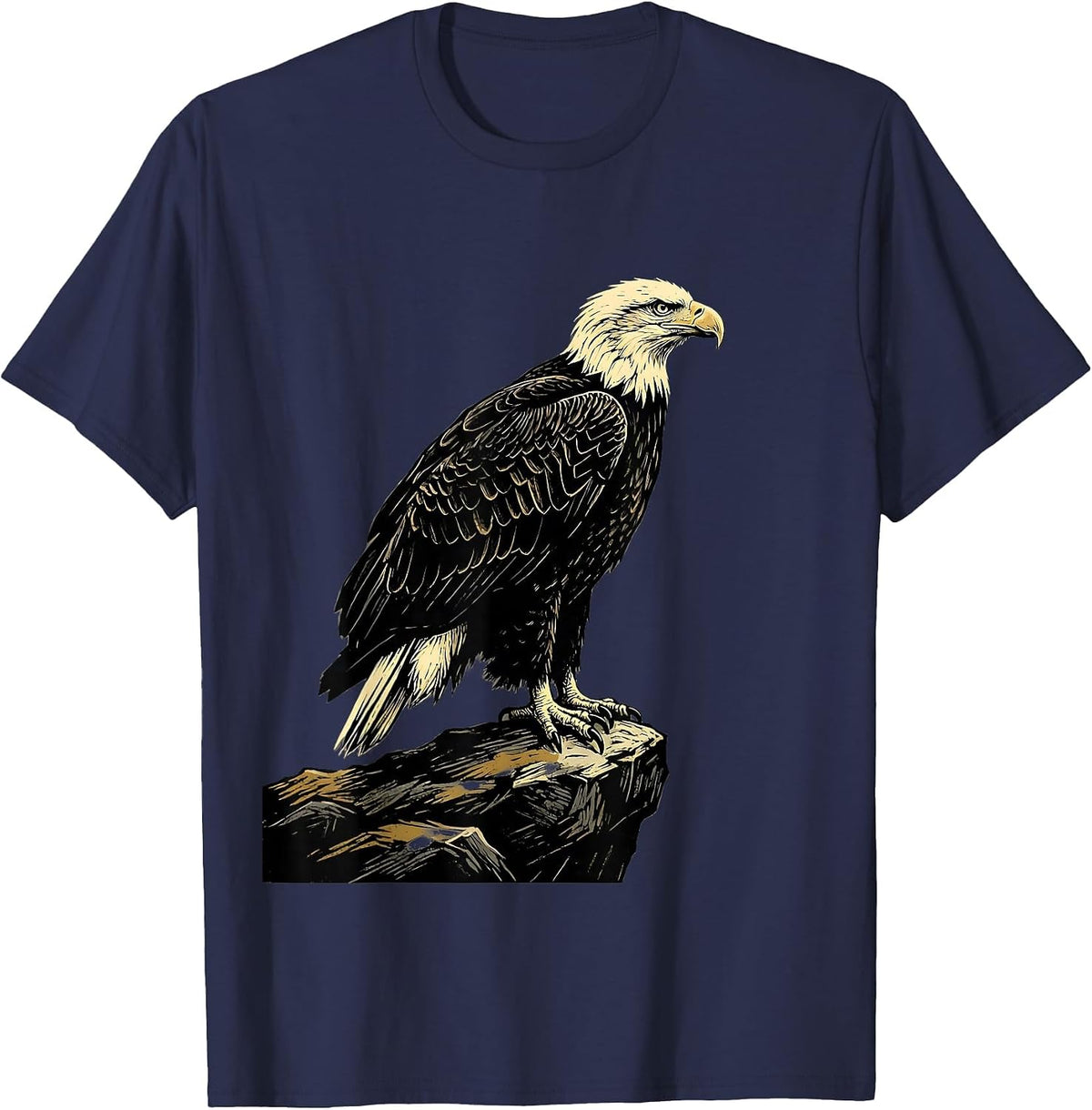 Men's Bald Eagle Linocut Wildlife Bird Lover Gift T-Shirt - Navy Blue