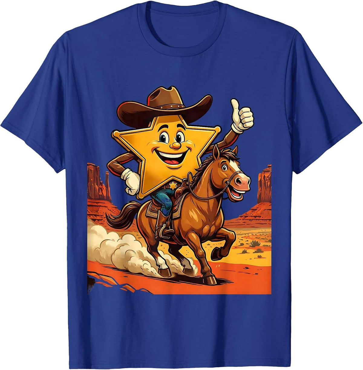 Sheriff Riding Horse Through Desert Canyon T-Shirt - Royal Blue
