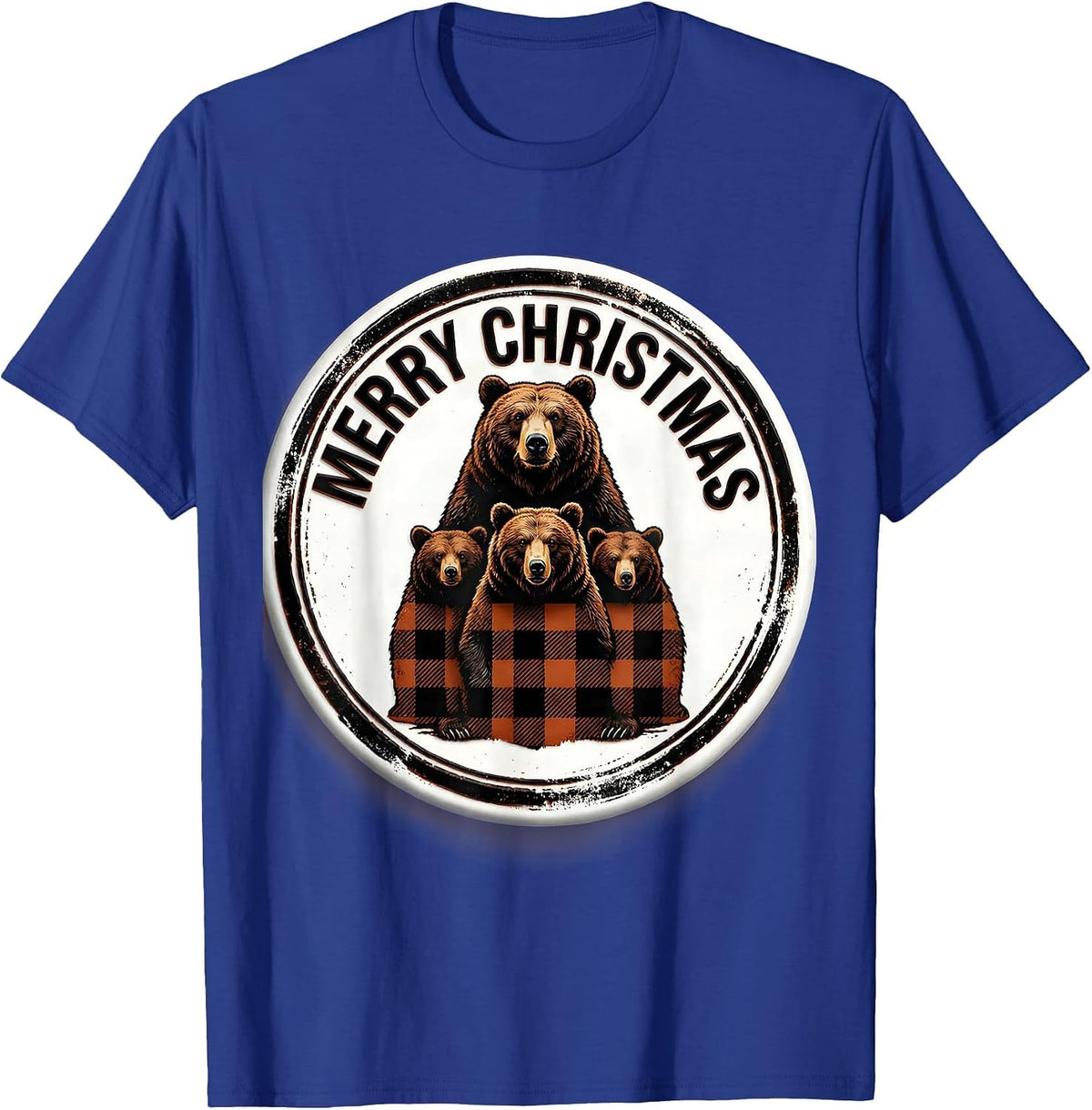Merry Christmas Rubber Stamp Bear Family Buffalo Plaid T-Shirt - Royal Blue