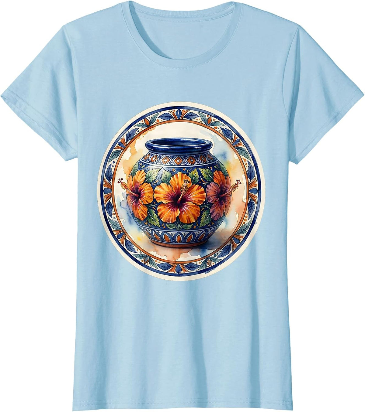 Ornate Talavera Pottery Mexican Floral Art Design T-Shirt - Baby Blue