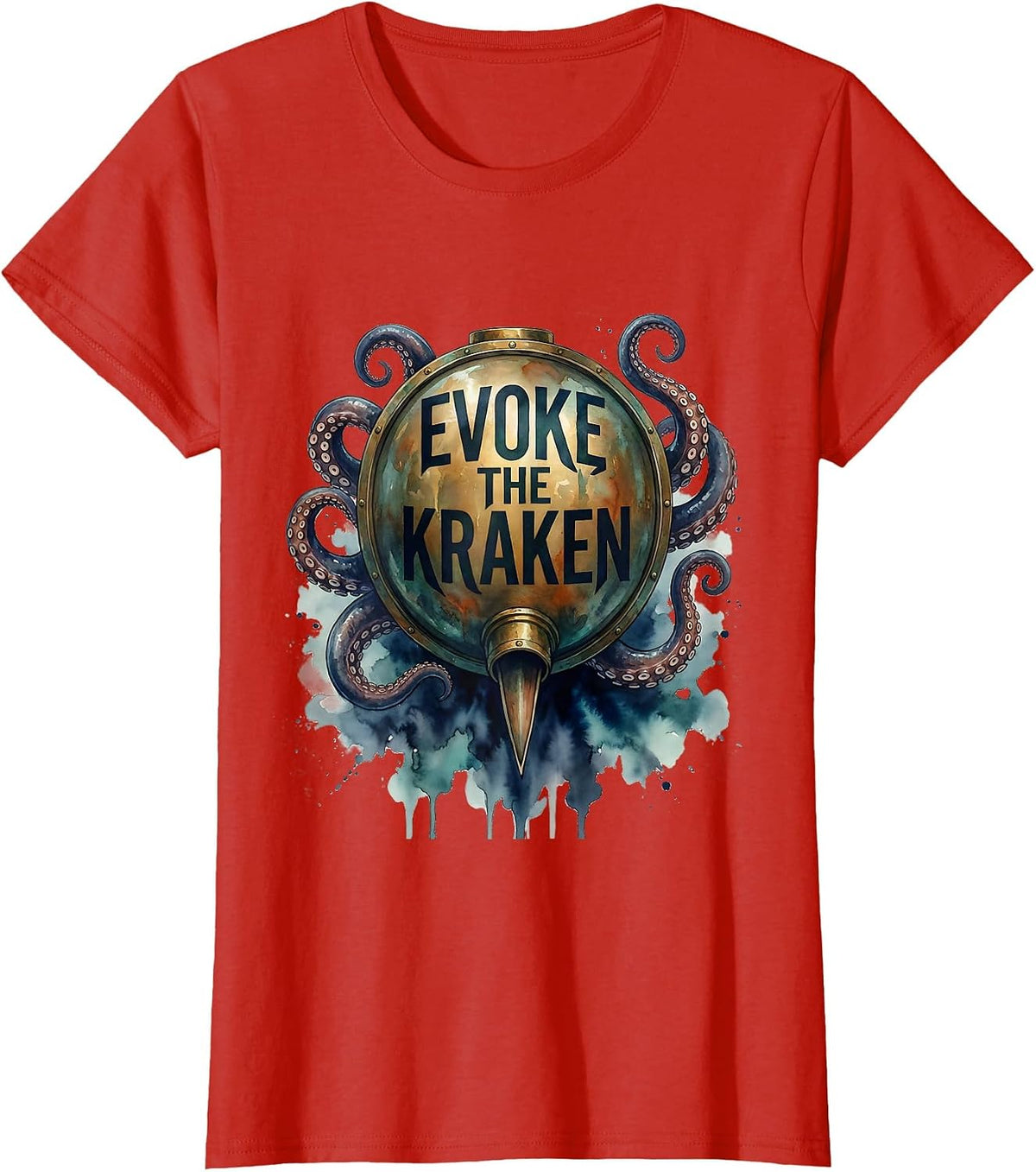Evoke The Kraken Watercolor Octopus Kraken Marine Life T-Shirt - Red