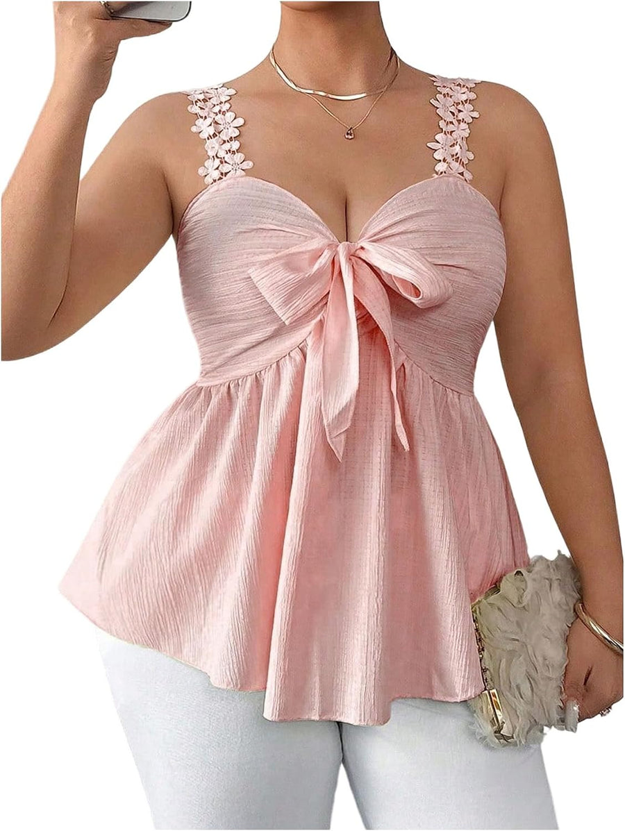 Verdusa Women's Plus Size Babydoll Tops Bow Knot Sleeveless Peplum Tank Top - Pink