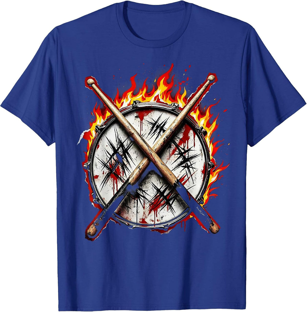 Men's 80s Rock Drummer Flaming Snare Drumsticks Graphic T-Shirt - Royal Blue