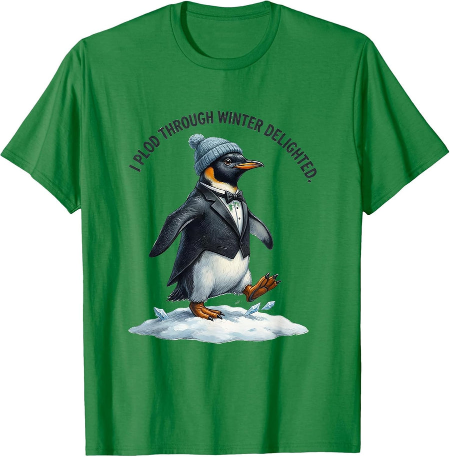Men's I Plod Through Winter Delighted Funny Penguin Lover Novelty T-Shirt - Kelly Green