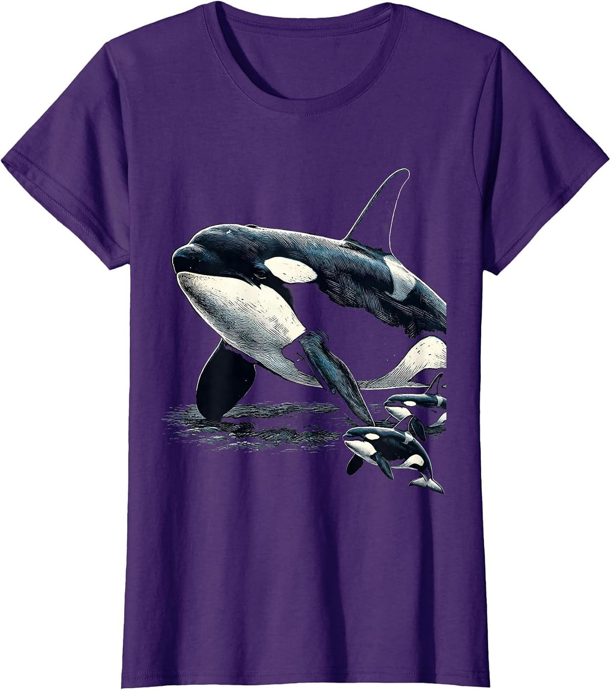 Women's Orca Whale Woodcut Engraving Marine Wildlife Lover Humor T-Shirt - Purple