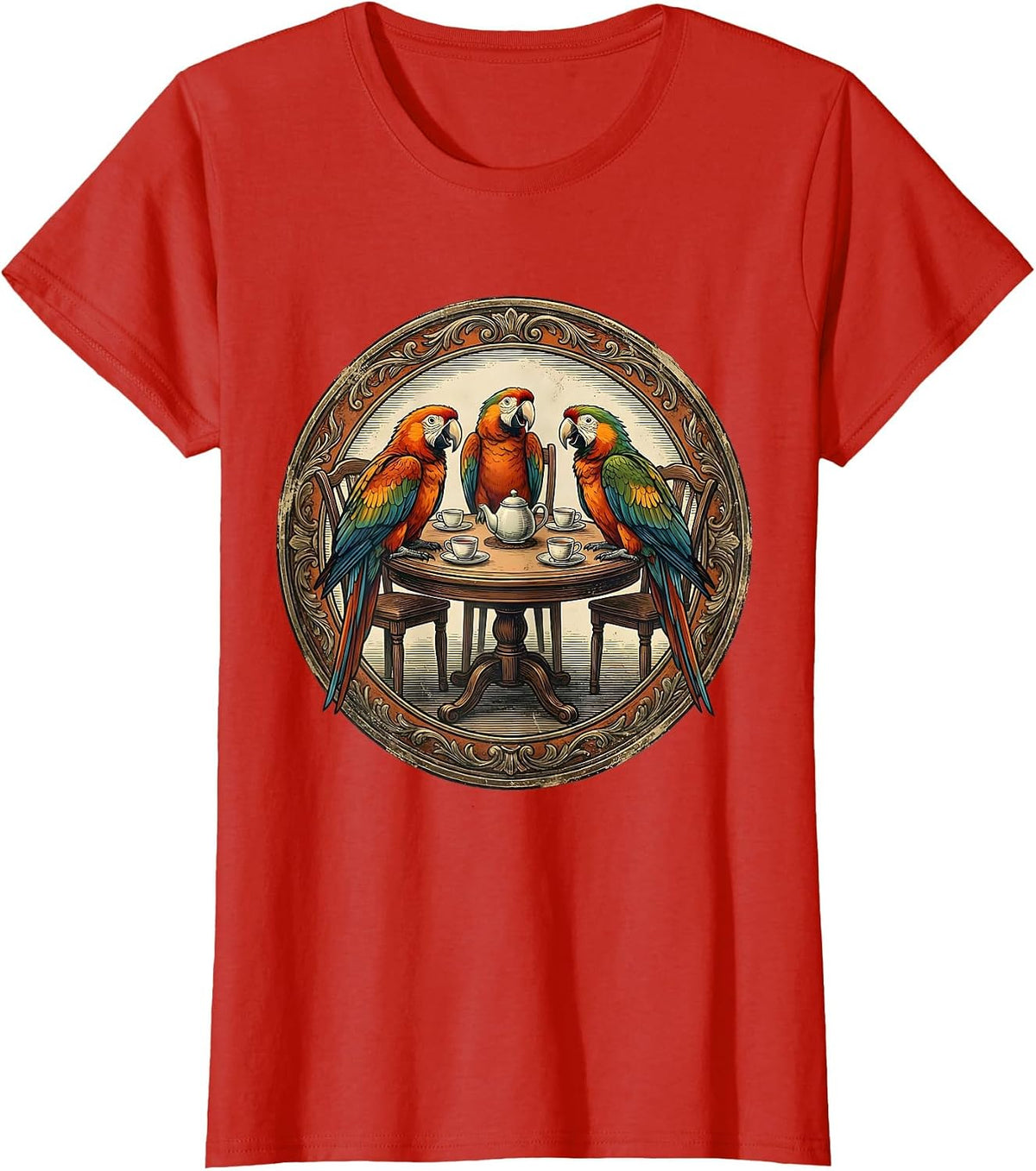 Chatty Parrots Tea Party Illustration T-Shirt - Red