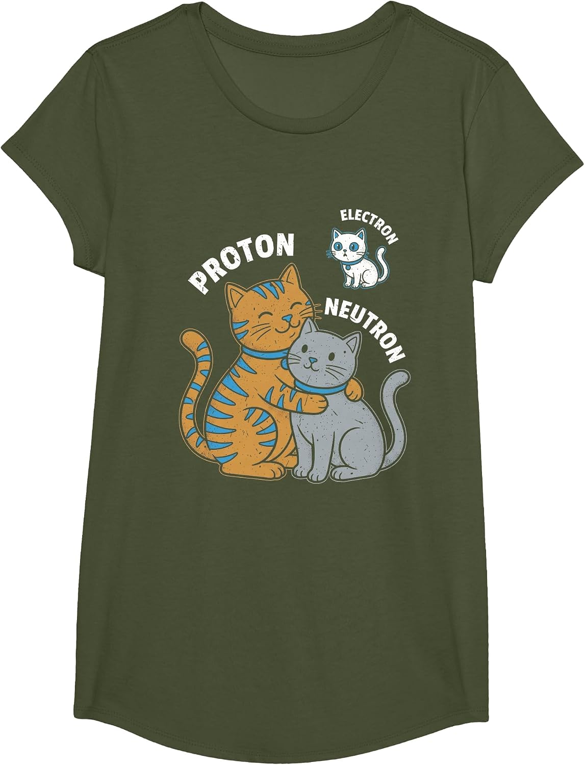 Science Cat Atom Proton Neutron Electron Physics Humor T-Shirt - Girls Olive Green