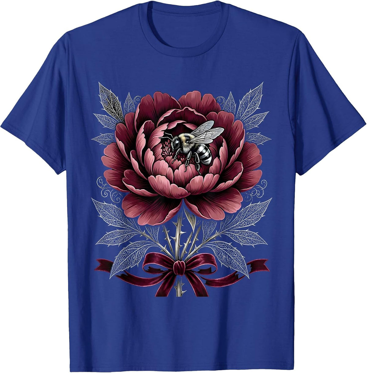 Gigi Bold Peony Bloom with Bee Illustration T-Shirt - Royal Blue