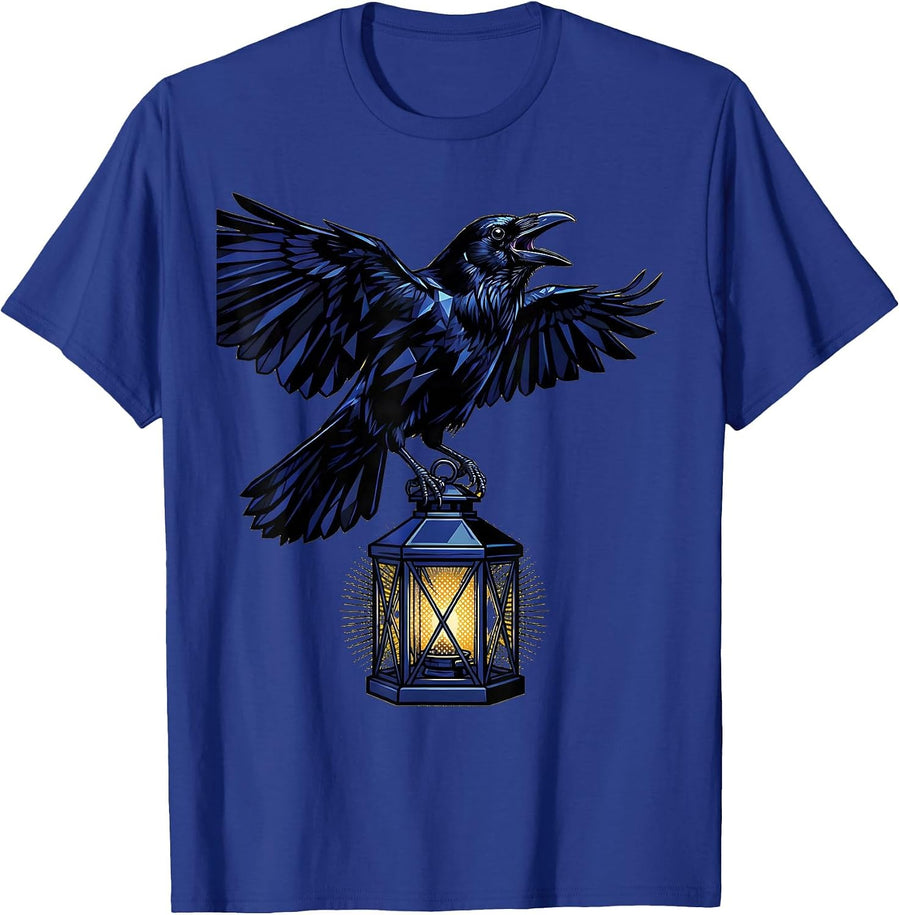 Crow Perched on Old Lantern Illustration T-Shirt - Royal Blue