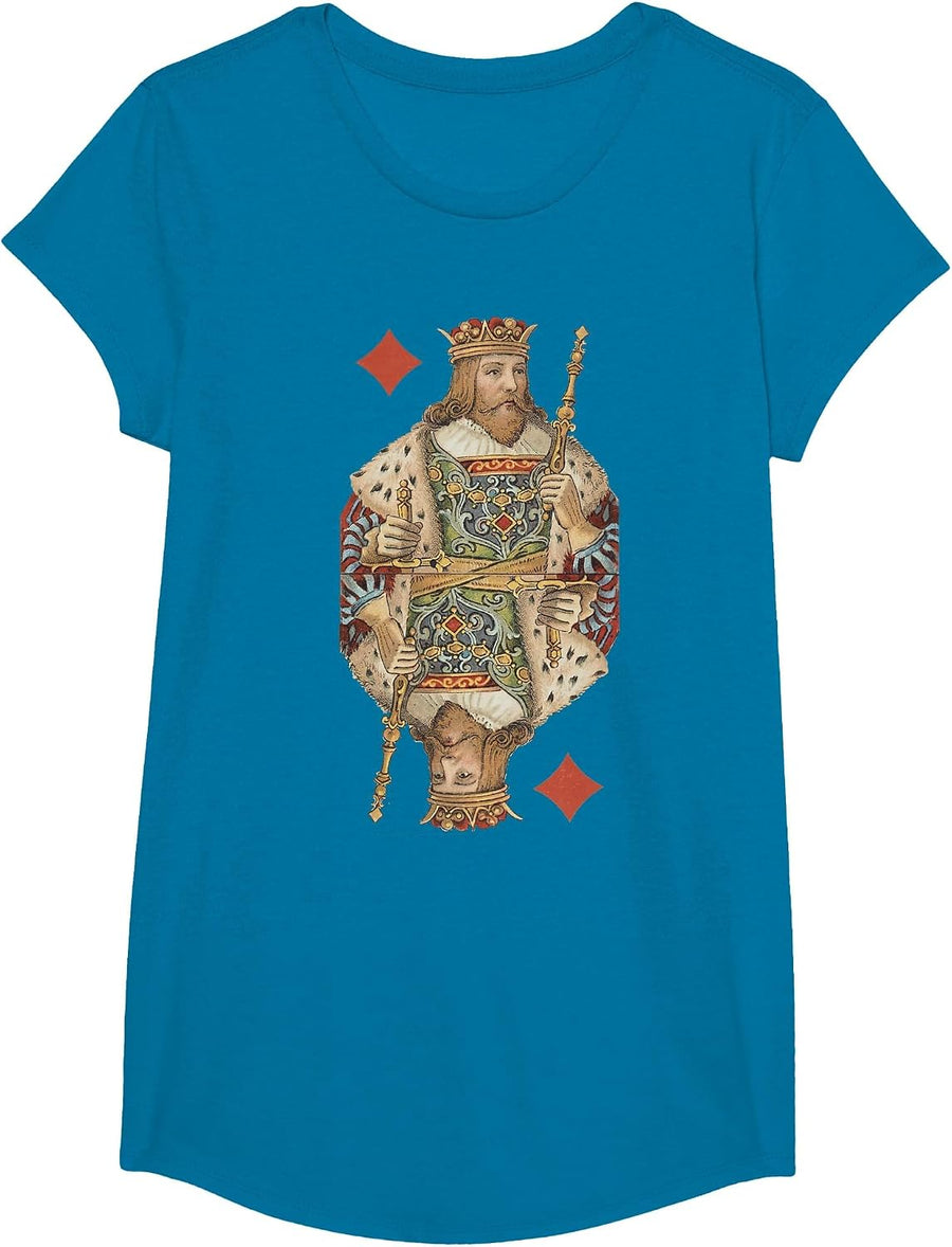 King of Diamonds Antique Art Nouveau Playing Card Art T-Shirt, Girls, Sapphire Blue, X-Small - As Pictured
