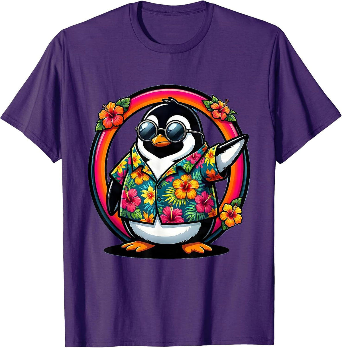 Penguin in Hawaiian Shirt and Sunglasses T-Shirt - Purple