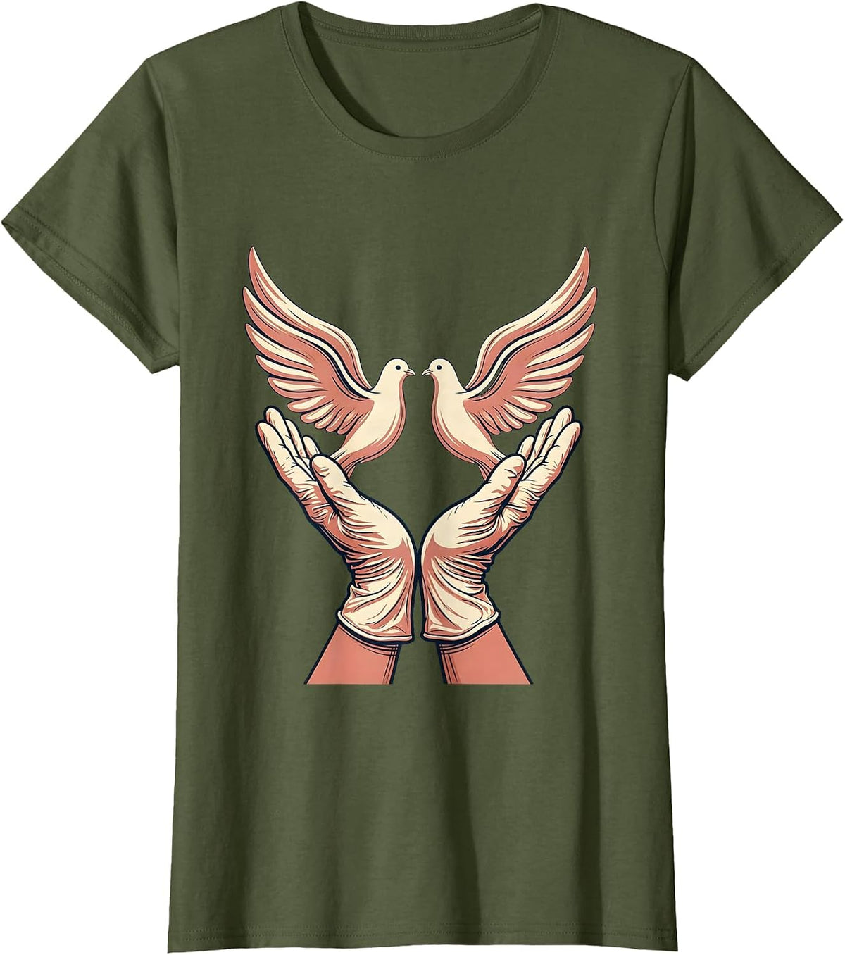Women's Nurse Surgical Gloves Releasing Doves Graphic T-Shirt - Olive Green