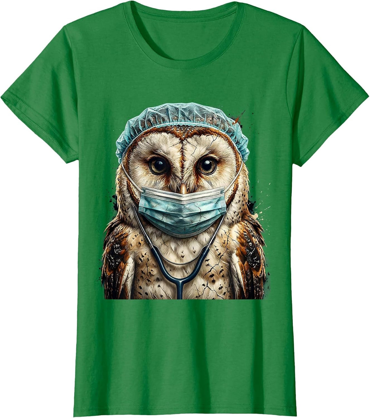Women's Nurse Owl Surgical Mask and Cap Illustration T-Shirt - Kelly Green