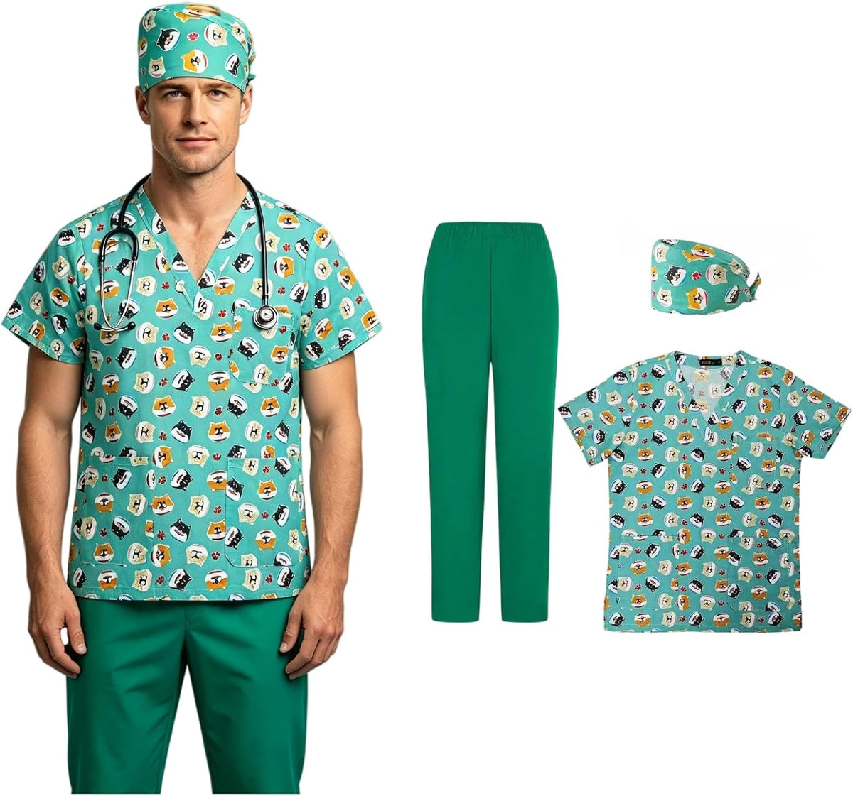 3Pcs Unisex Scrubs set with cute printed V-neck tops Scrub Pants Cap,soft, casual nurse uniform with multi-pockets - Green
