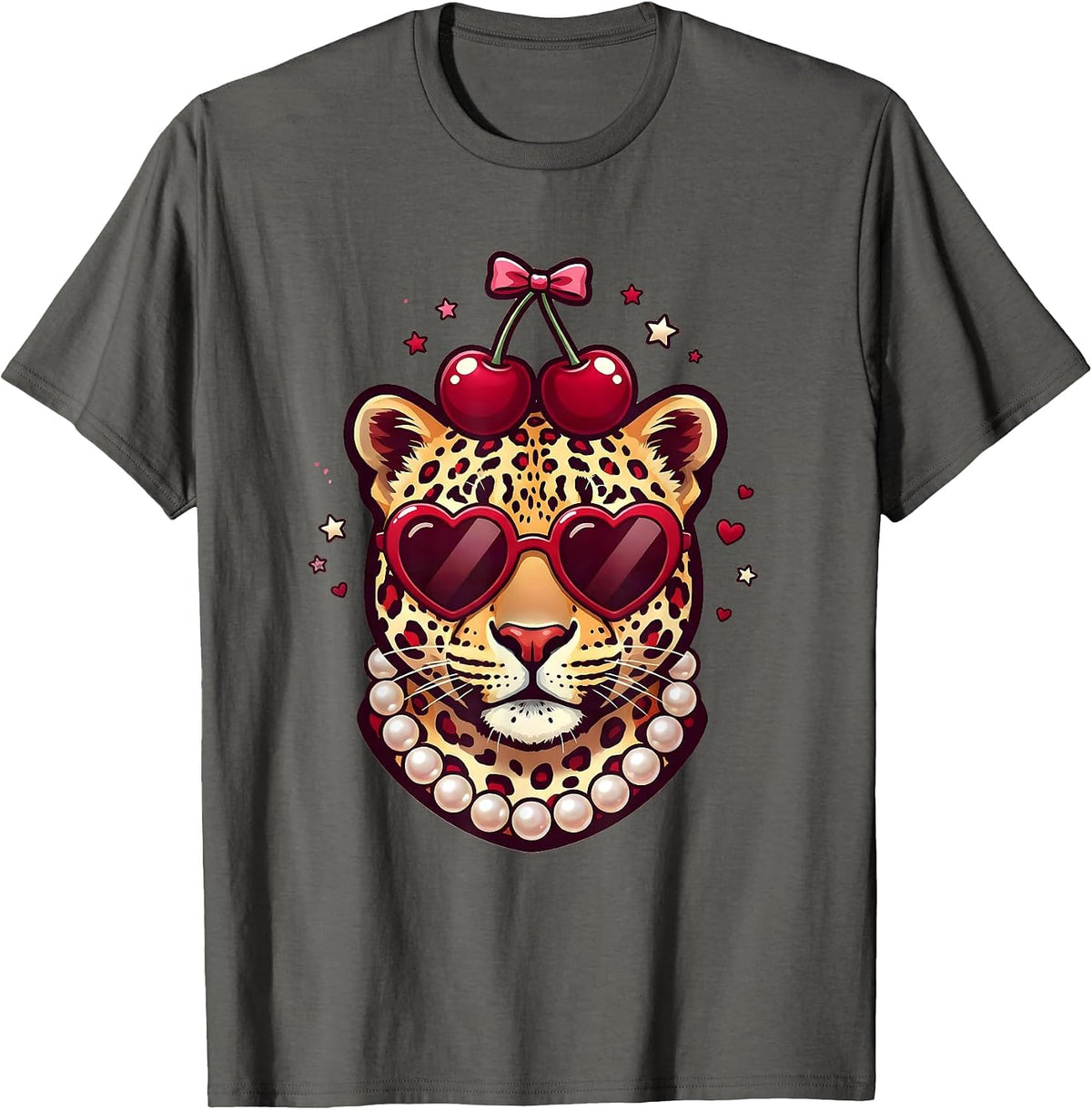 Gigi Leopard Pearl Necklace and Sunglasses T-Shirt - Asphalt Grey