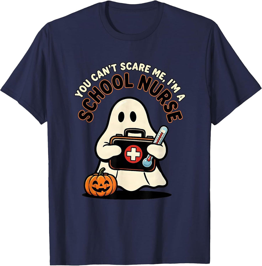 You Can't Scare Me, I'm A School Nurse Cartoon Ghost T-Shirt - Navy Blue