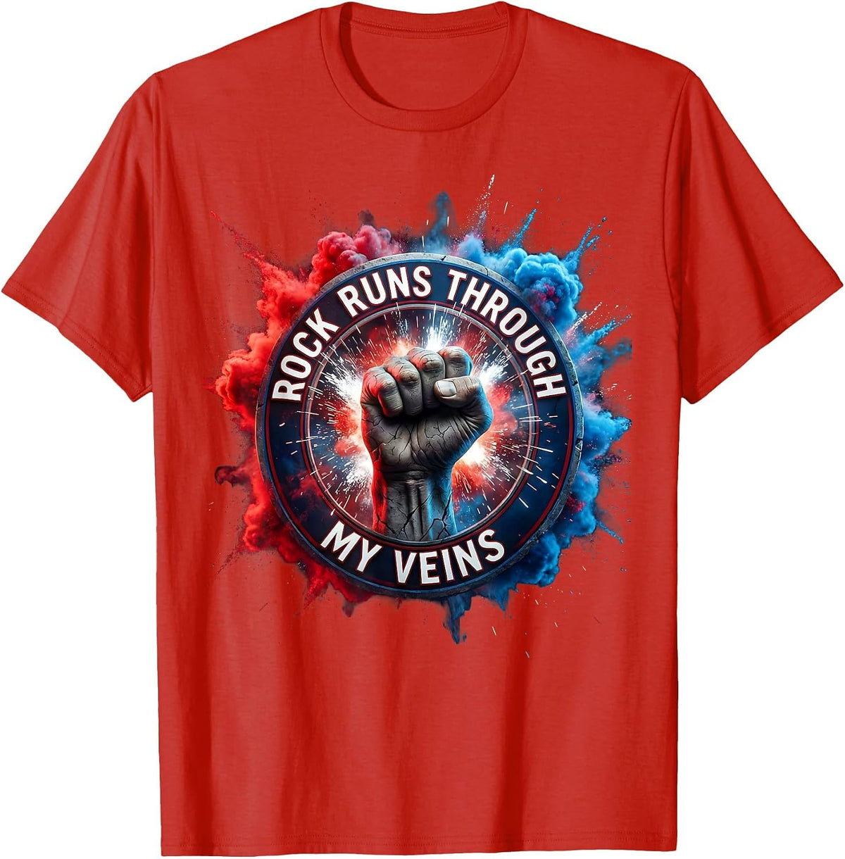 Men's Rock Runs Through My Veins Music Lover Design T-Shirt - Red
