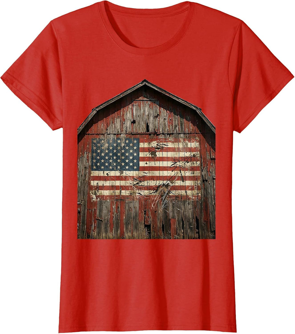 Rustic Barn Weathered Patriotic Flag Illustration T-Shirt - Red