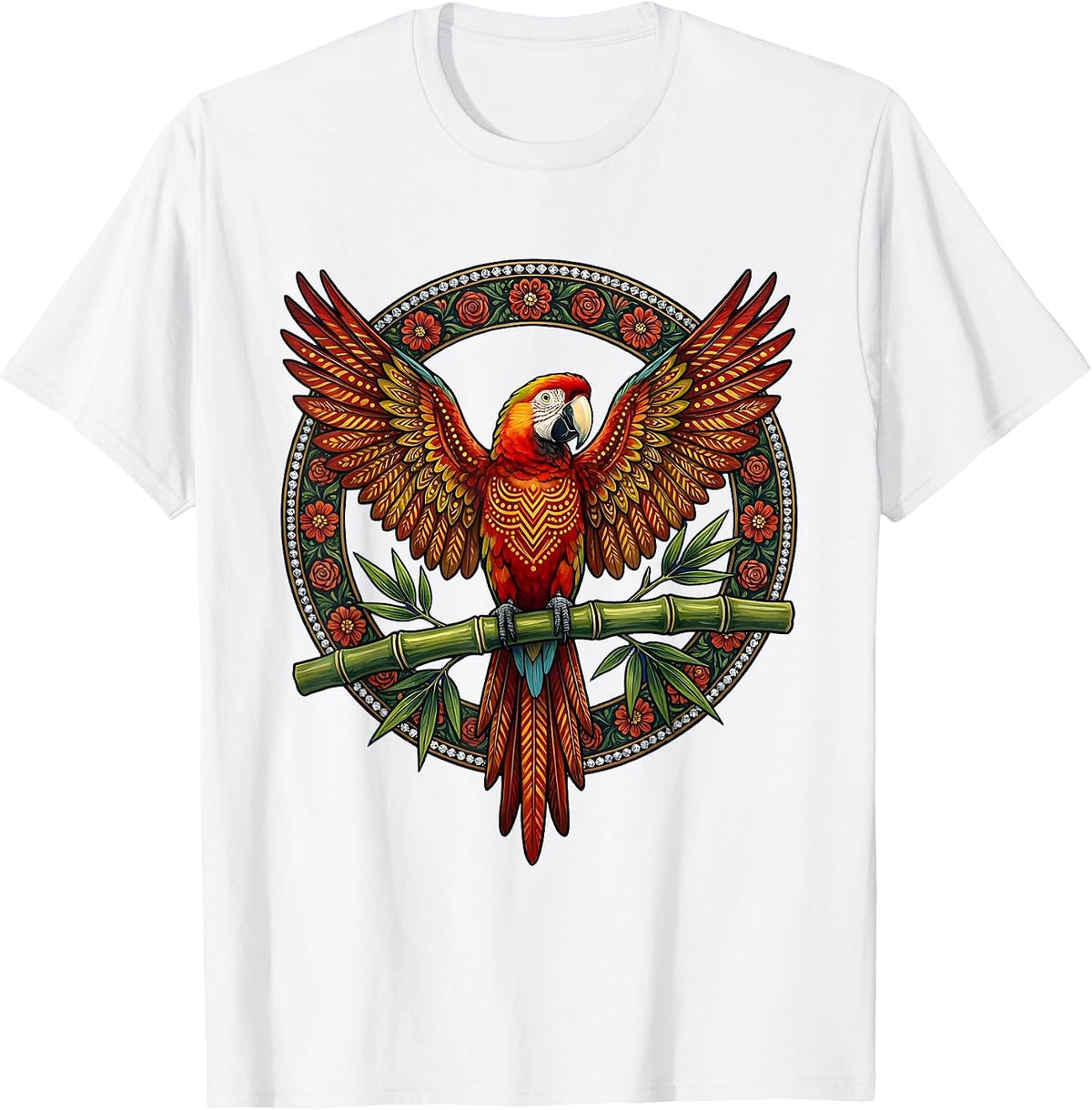 Men's Tropical Parrot on Bamboo Aloha Design T-Shirt - White