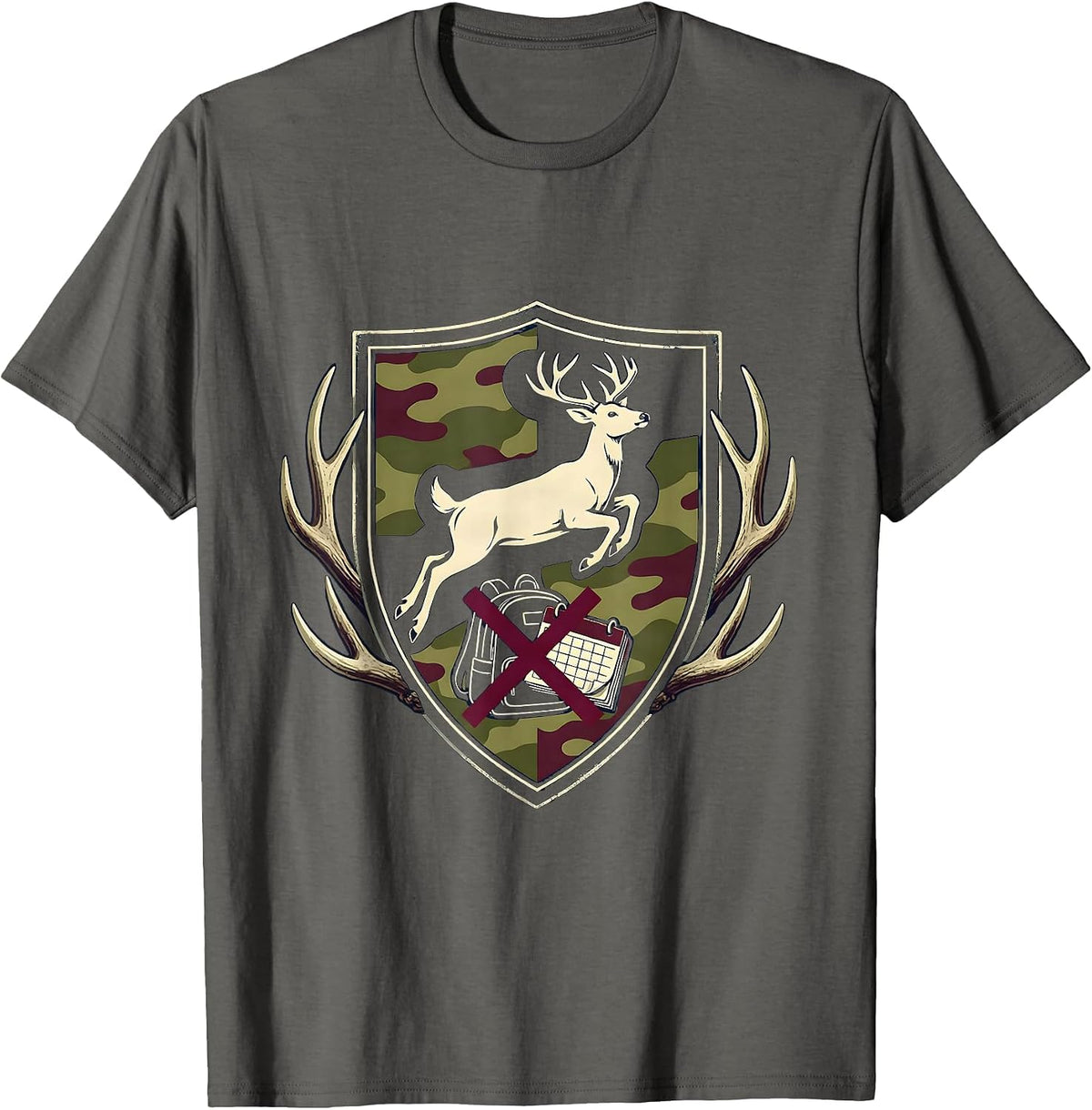 Sealed Shield Badge Whitetail Buck Camo Hunter Dad T-Shirt - Asphalt Grey