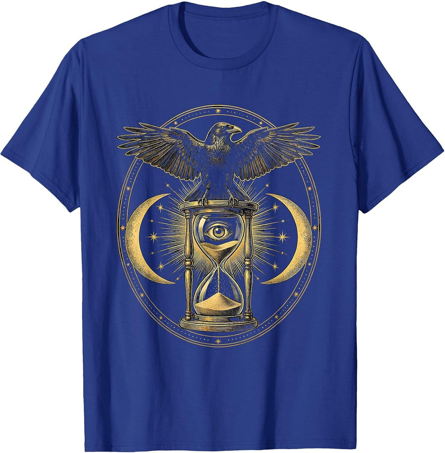 Crow on Hourglass Gothic Nature Illustration T-Shirt - Royal Blue