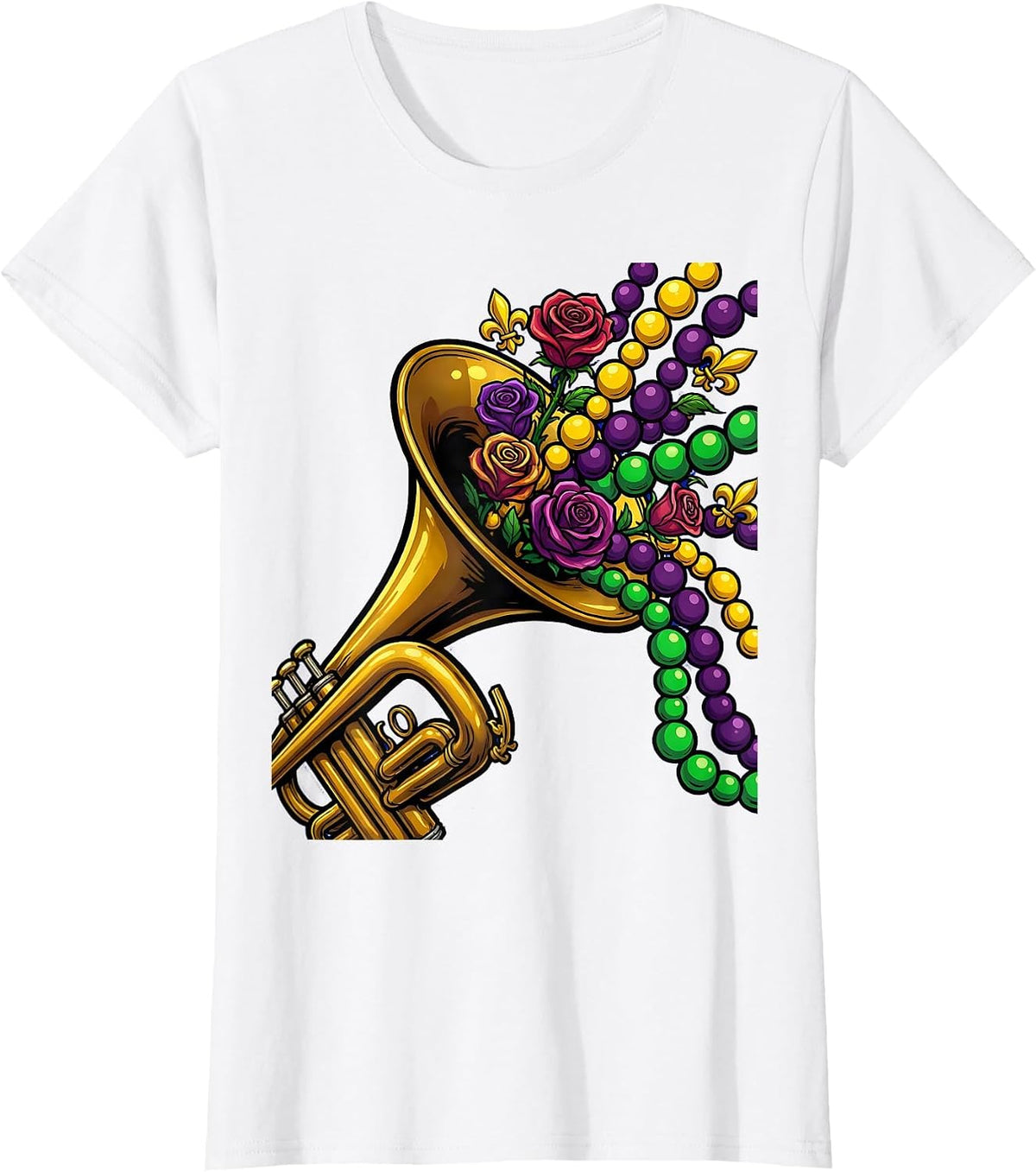Mardi Gras Trumpet Blooms and Beads Illustration T-Shirt - White