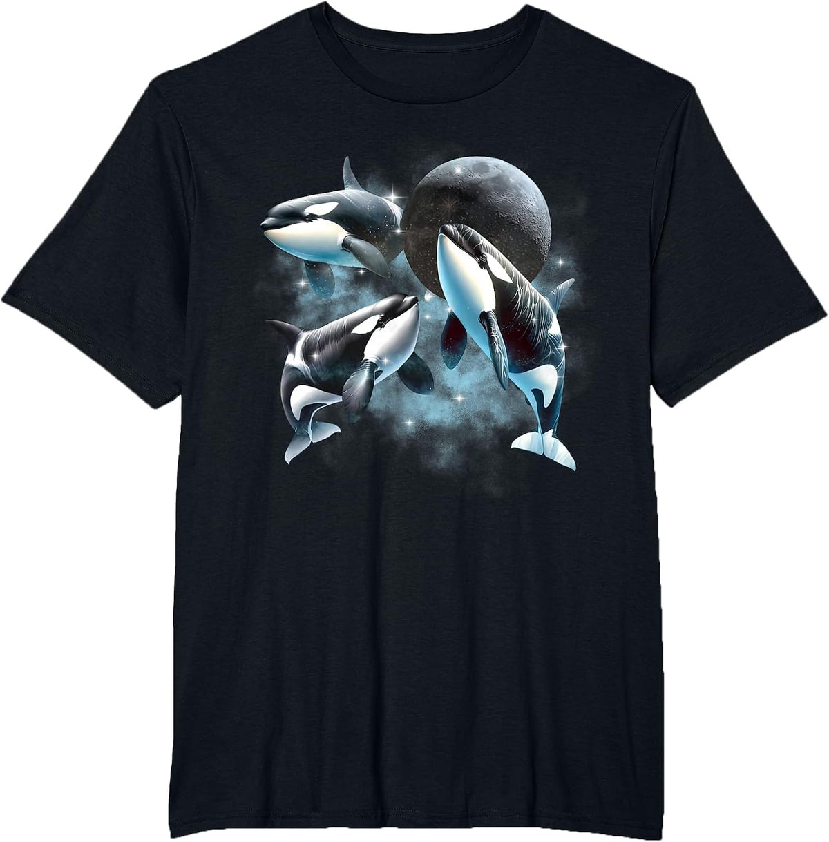 Three Orcas Howling The Moon Vintage 90s Sea Animal Moon T-Shirt - Black