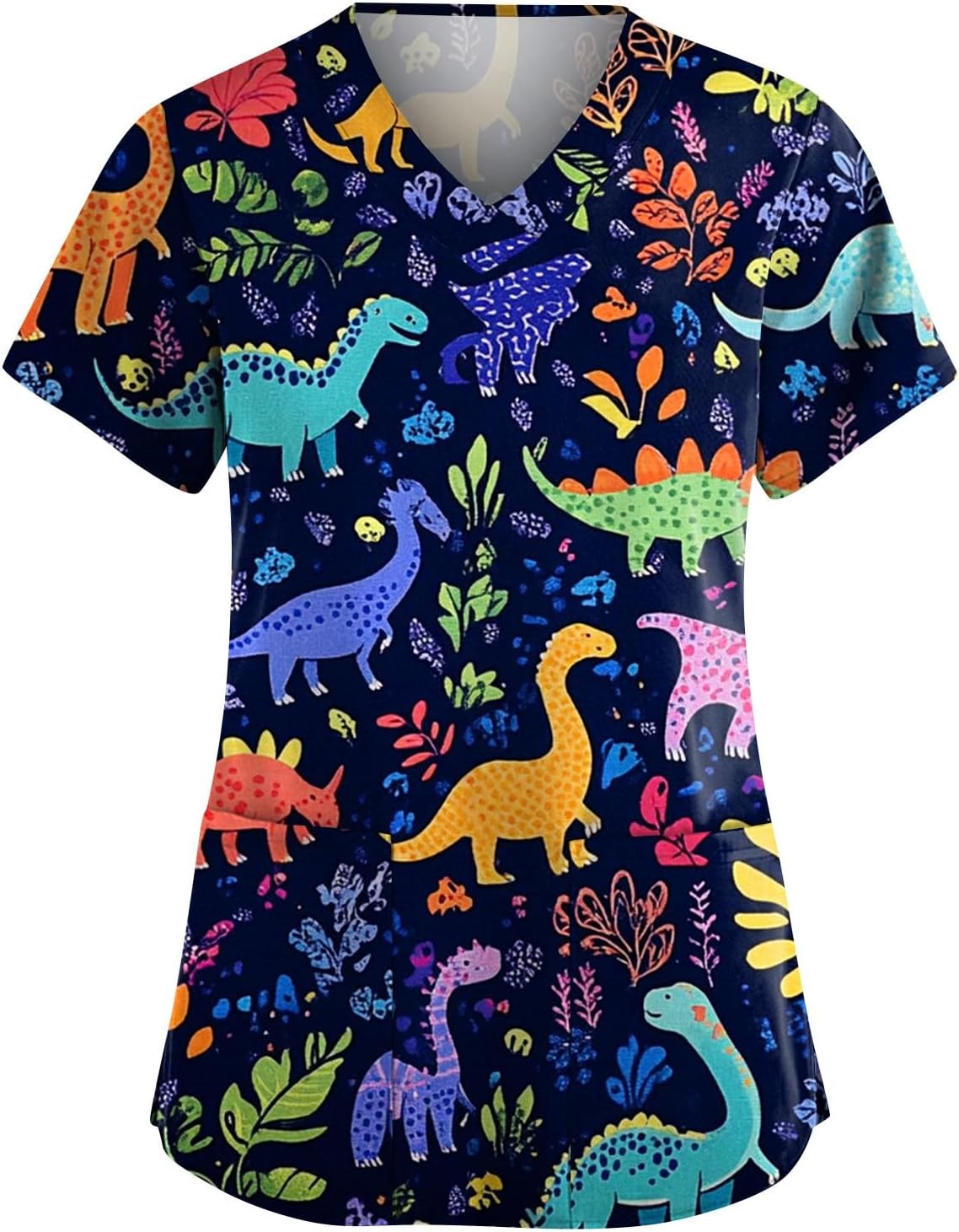 Scrubs for Women Animal Print Tops Short Sleeve Cartoon Pattern V Neck Stretchy Nursing Uniform with Pockets - 01-royal Blue