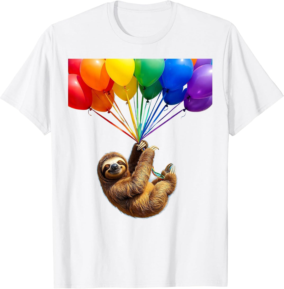 Sloth Birthday Balloon Hanging Cute Illustration T-Shirt - White
