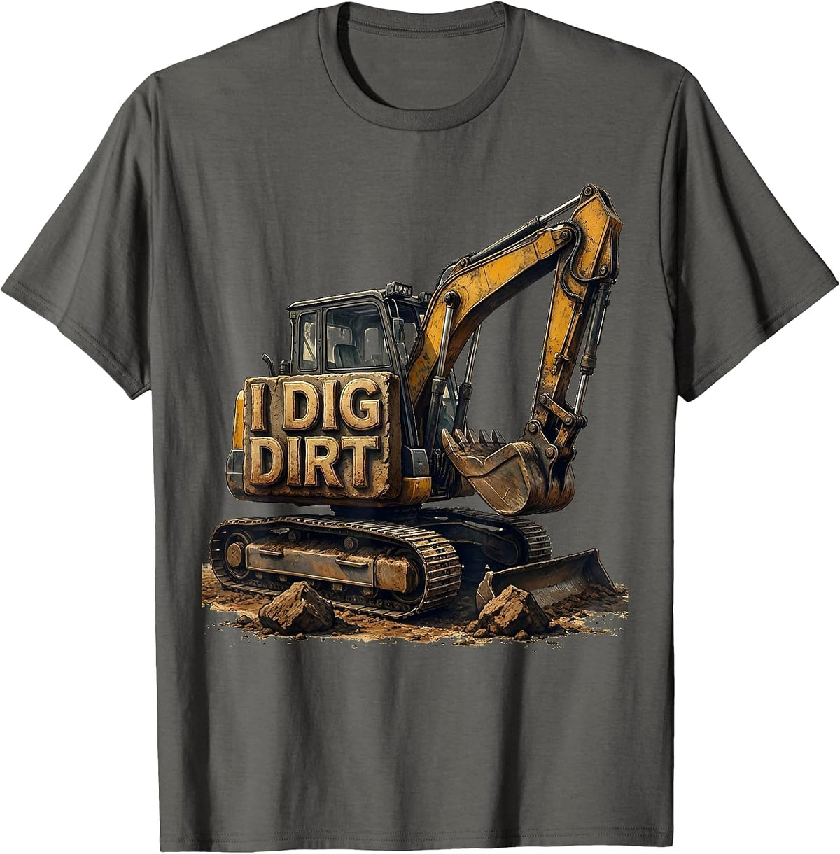 Men's I Dig Dirt Distressed Funny Excavator Construction Vehicle T-Shirt - Asphalt Grey