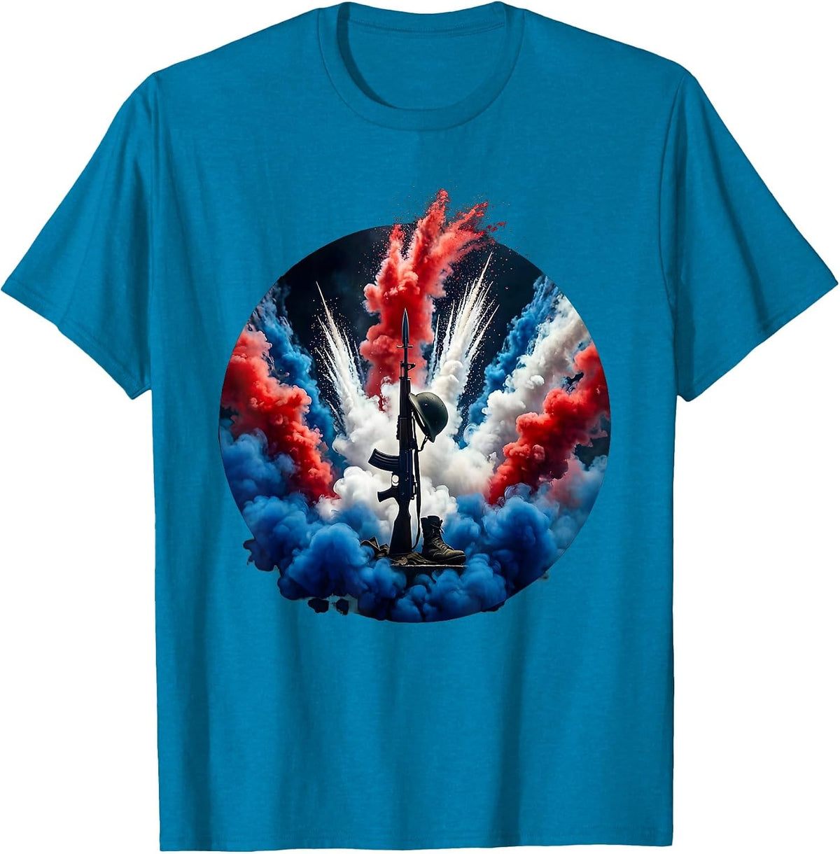 Soldier Boots Helmet Rifle Memorial Patriotic T-Shirt - Sapphire Blue