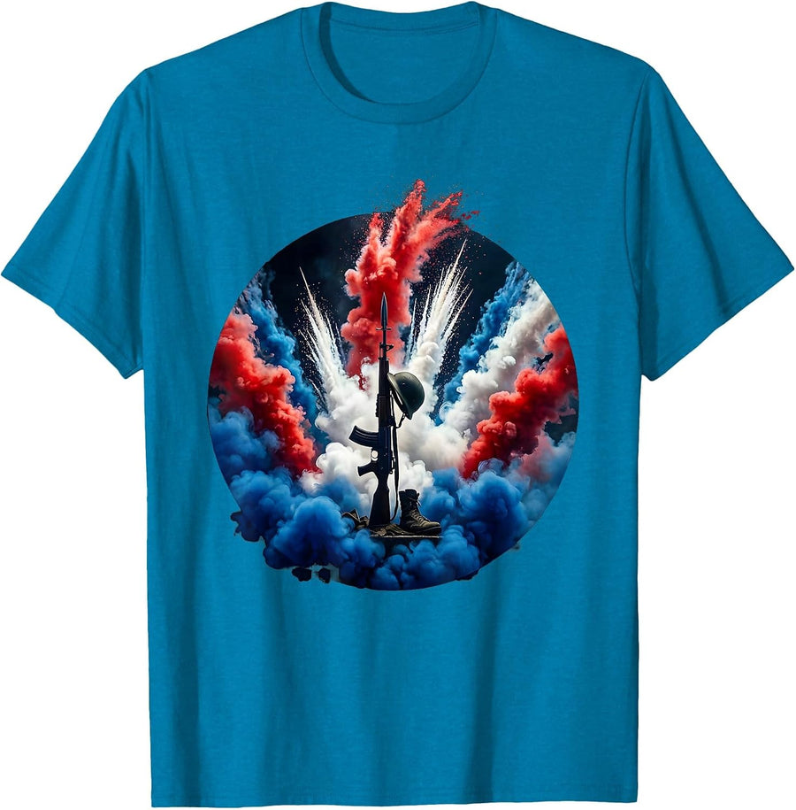 Soldier Boots Helmet Rifle Memorial Patriotic T-Shirt - Sapphire Blue