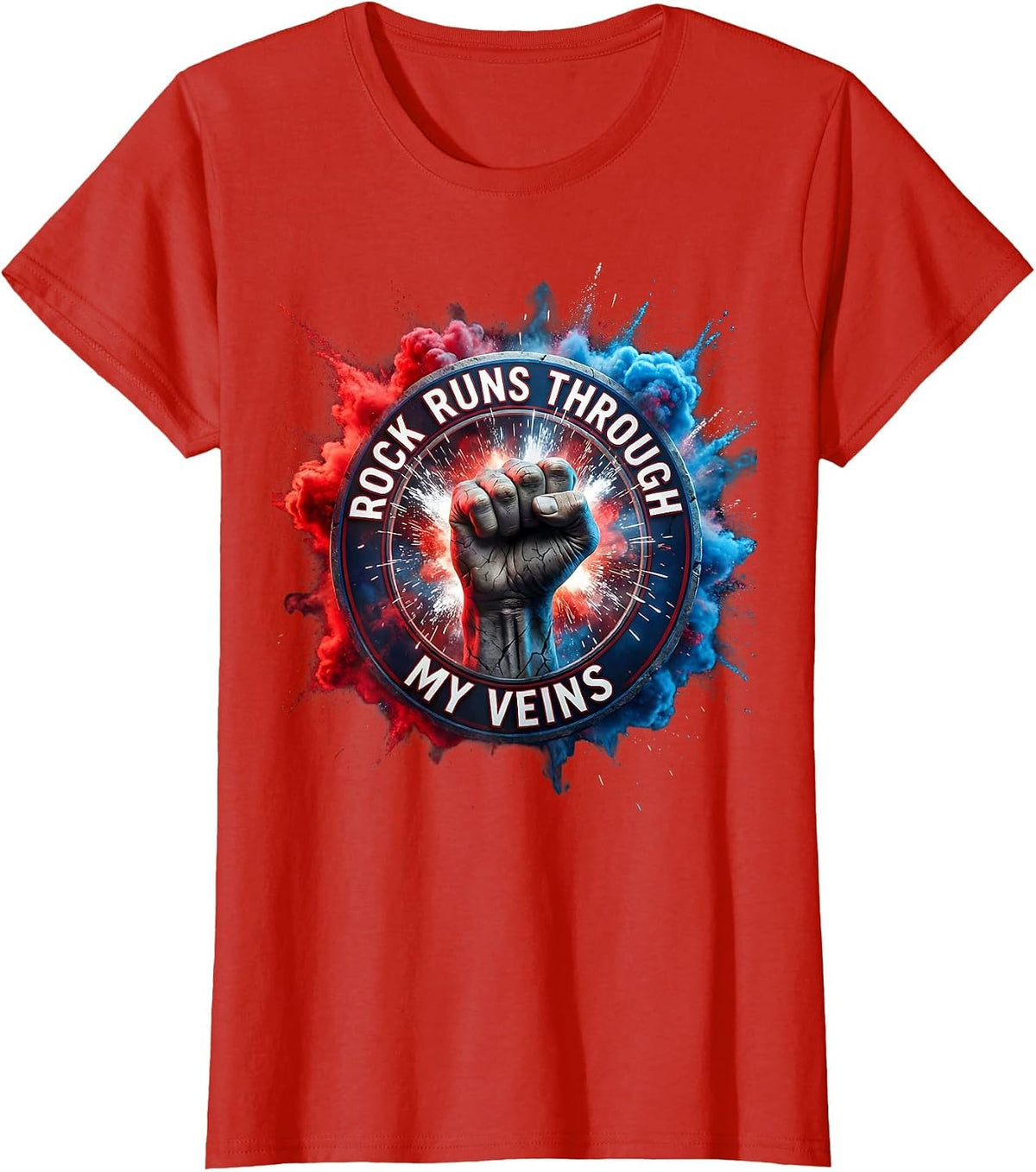 Women's Rock Runs Through My Veins Music Lover Design T-Shirt - Red
