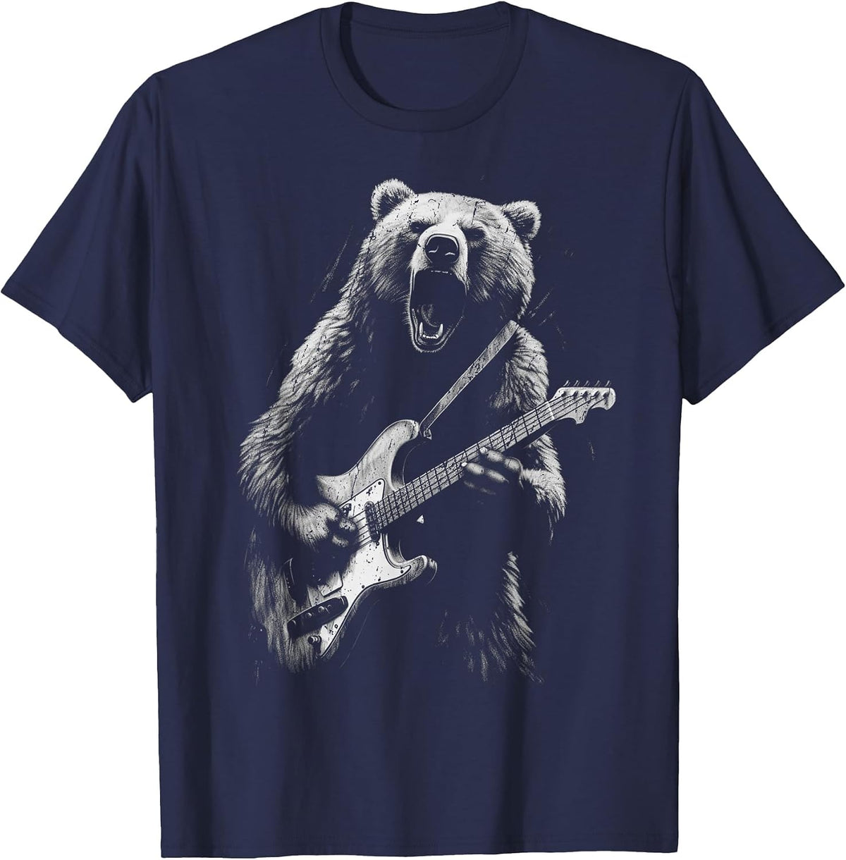 Rock Bear Playing Guitar - Funny Guitar Bear Music T-Shirt - Navy Blue