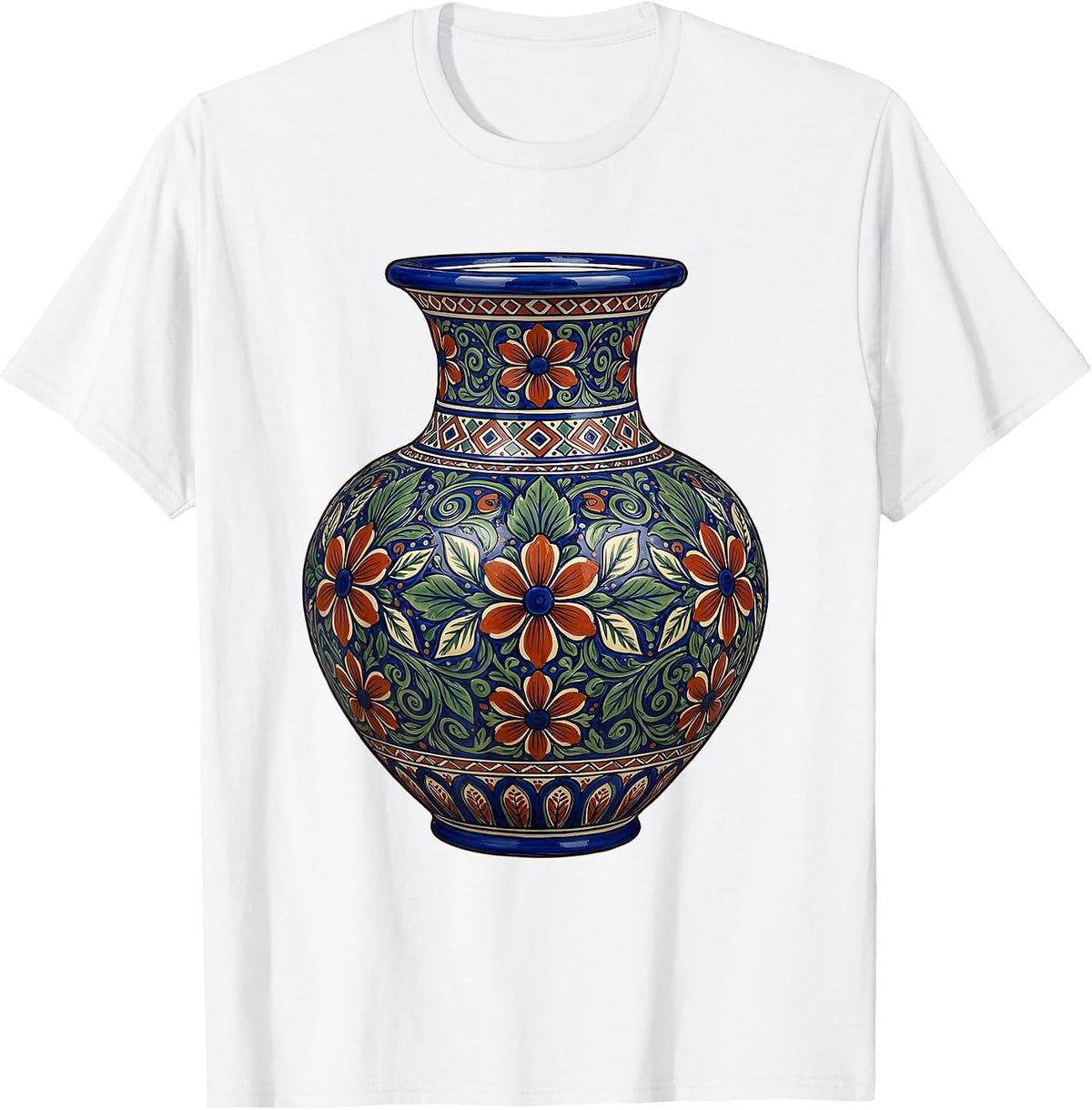 Men's Mexican Talavera Pottery Vase Floral Illustration T-Shirt - White