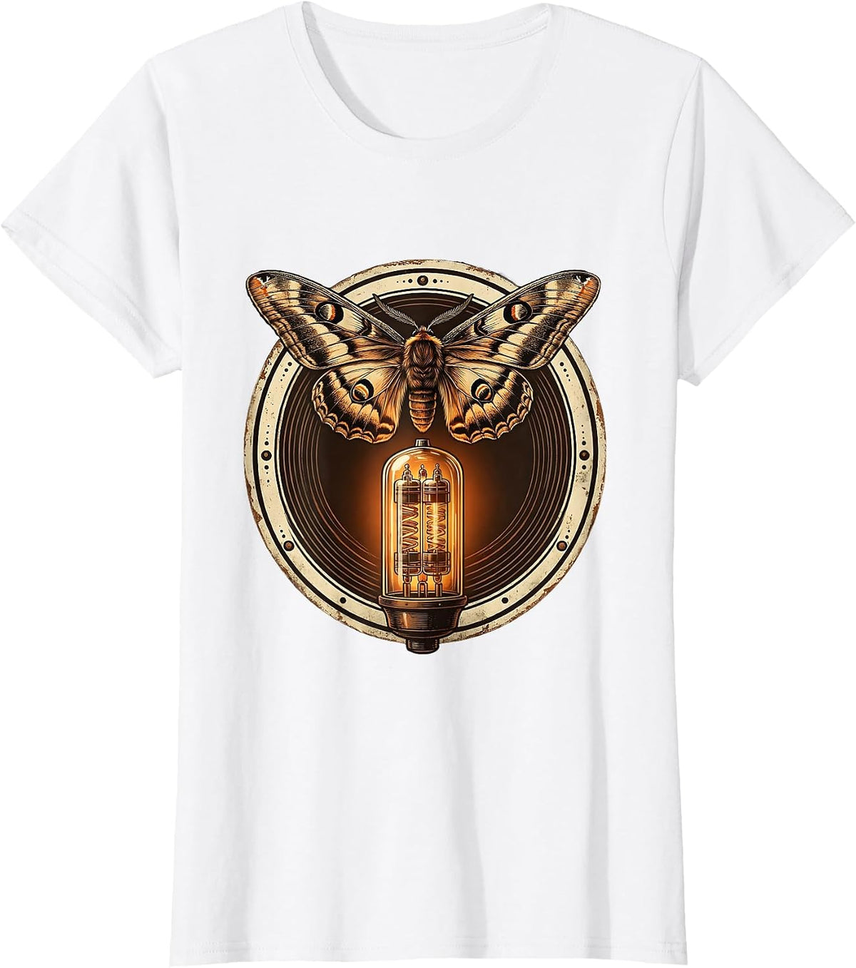 Moth and Vacuum Tube Amp Glow Rock Graphic T-Shirt - White
