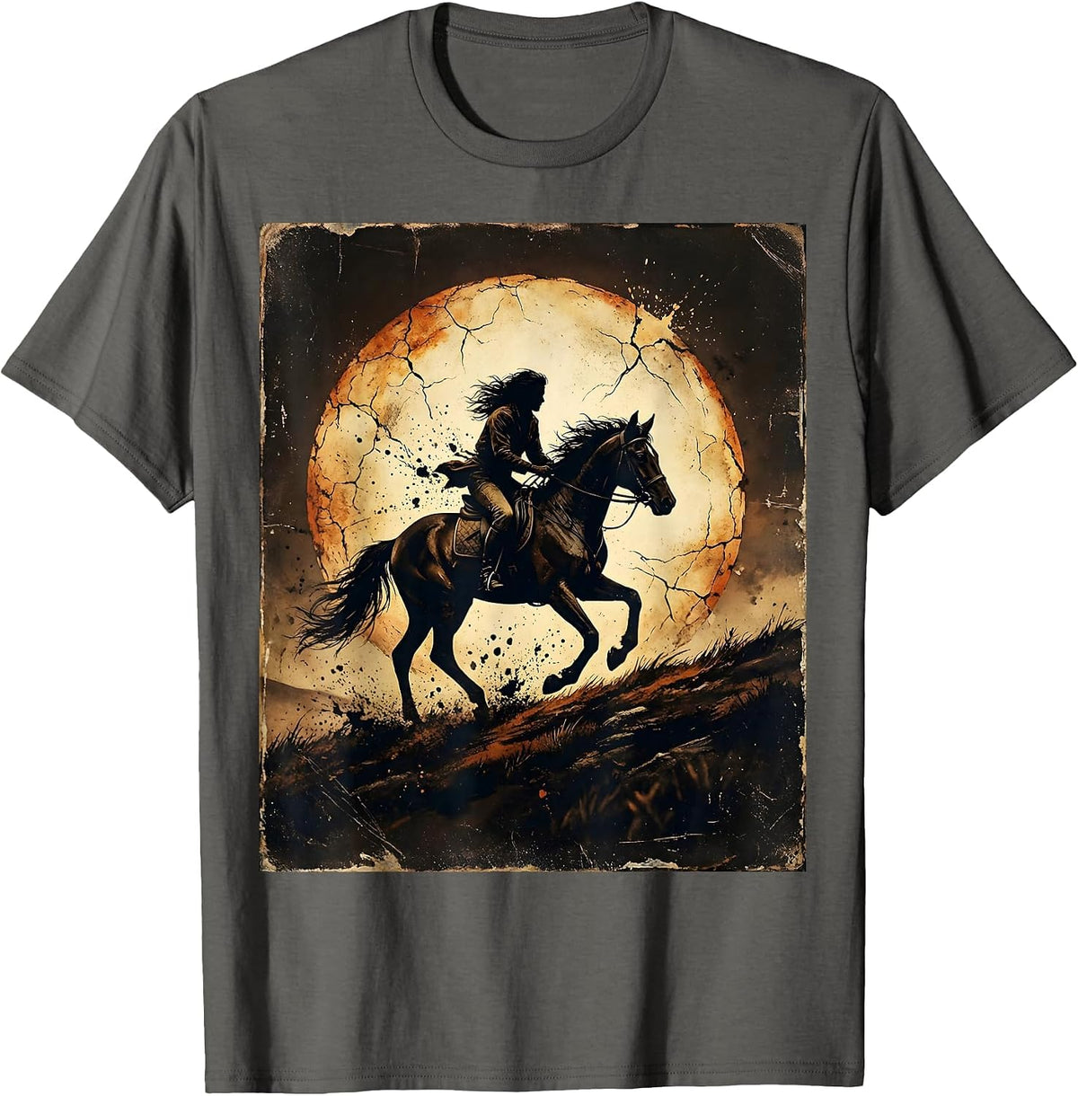 Equestrian Rider Silhouette Sunset Hillside Graphic T-Shirt - Asphalt Grey
