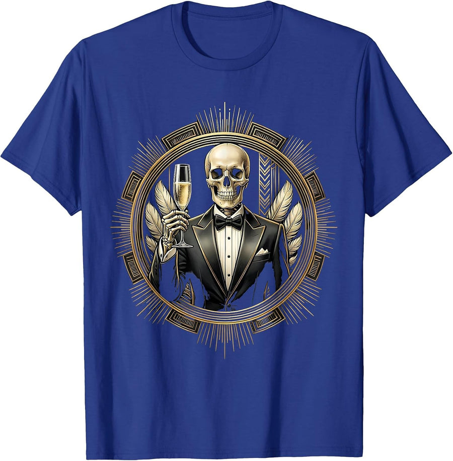 Tuxedo Skeleton Champagne Toast Illustration T-Shirt - Royal Blue